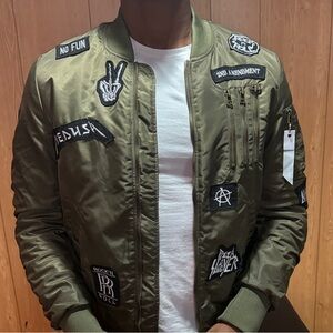 Men's Olive Bomber Jacket with Patches